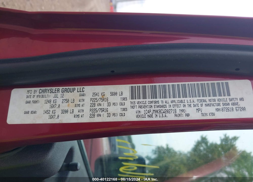 2012 JEEP LIBERTY SPORT VIN: 1C4PJMAK8CW202718