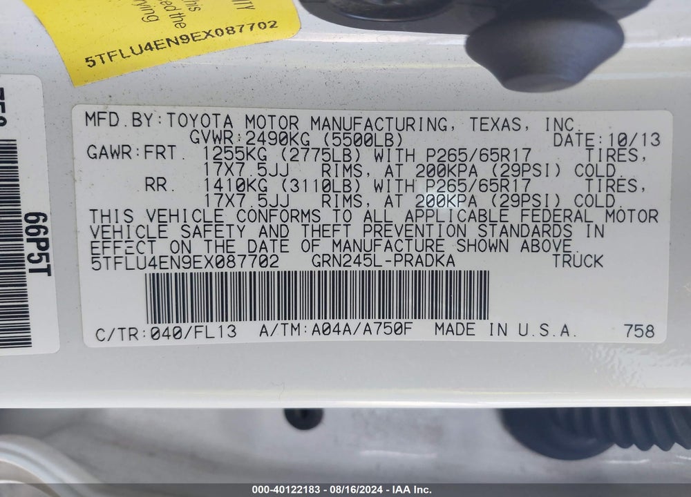2014 TOYOTA TACOMA BASE V6 VIN: 5TFLU4EN9EX087702