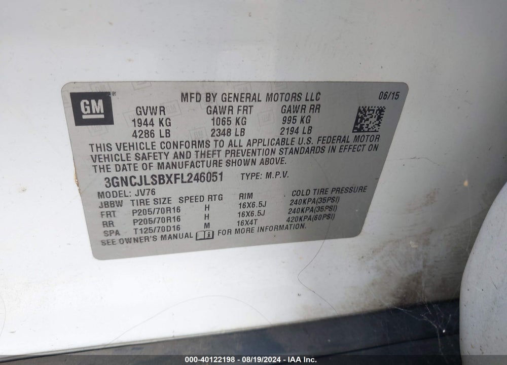 2015 CHEVROLET TRAX LT VIN: 3GNCJLSBXFL246051