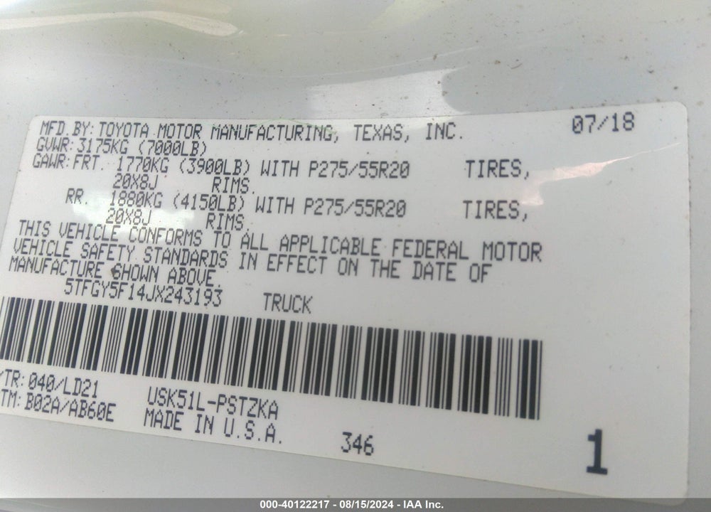 2018 TOYOTA TUNDRA 1794 5.7L V8 VIN: 5TFGY5F14JX243193