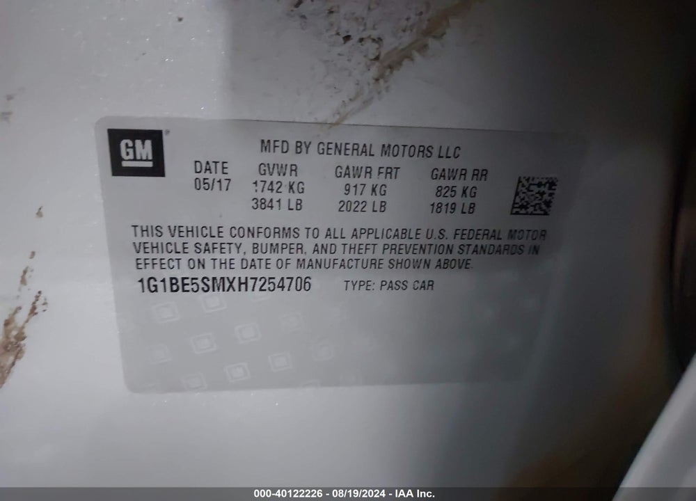 2017 CHEVROLET CRUZE LT AUTO VIN: 1G1BE5SMXH7254706