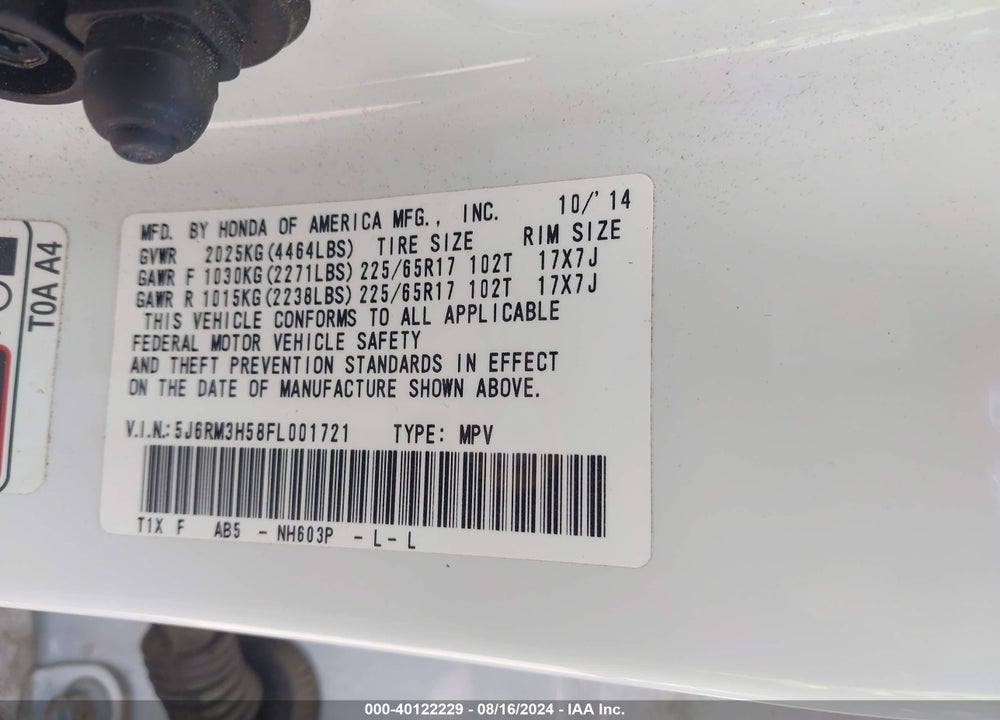 2015 HONDA CR-V EX VIN: 5J6RM3H58FL001721
