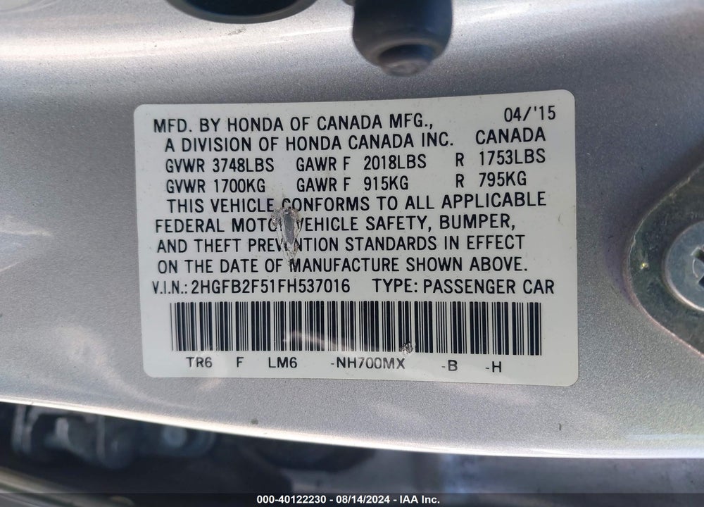 2015 HONDA CIVIC LX VIN: 2HGFB2F51FH537016