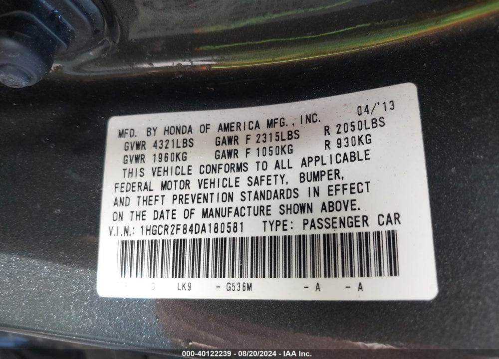 2013 HONDA ACCORD EX-L VIN: 1HGCR2F84DA180581