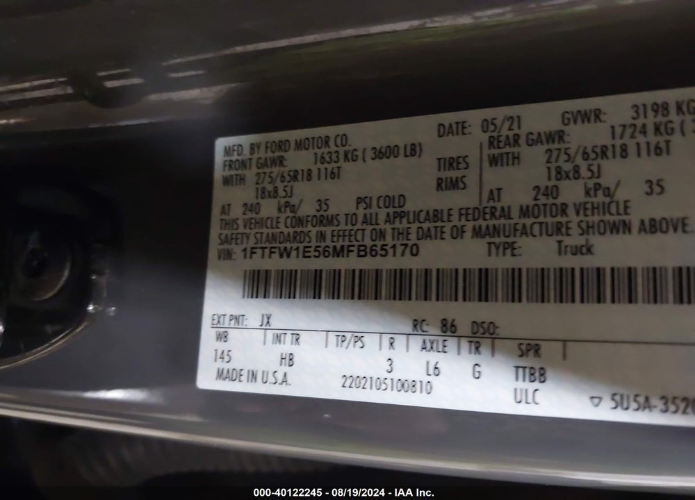 2021 FORD F-150 LARIAT VIN: 1FTFW1E56MFB65170