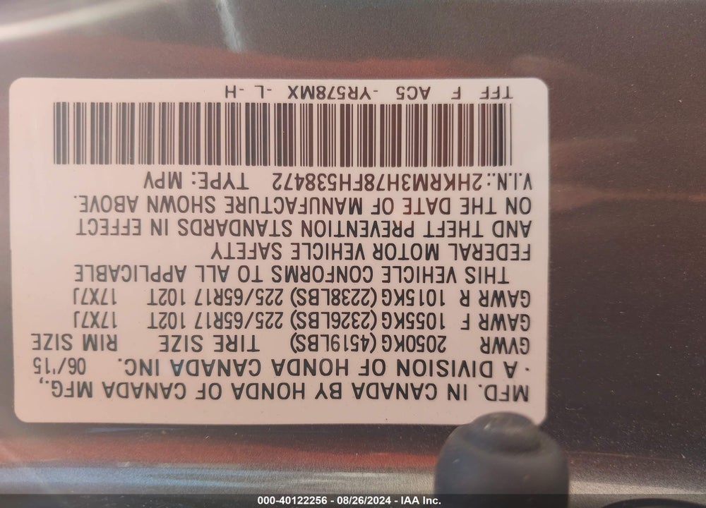 2015 HONDA CR-V EX-L VIN: 2HKRM3H78FH538472