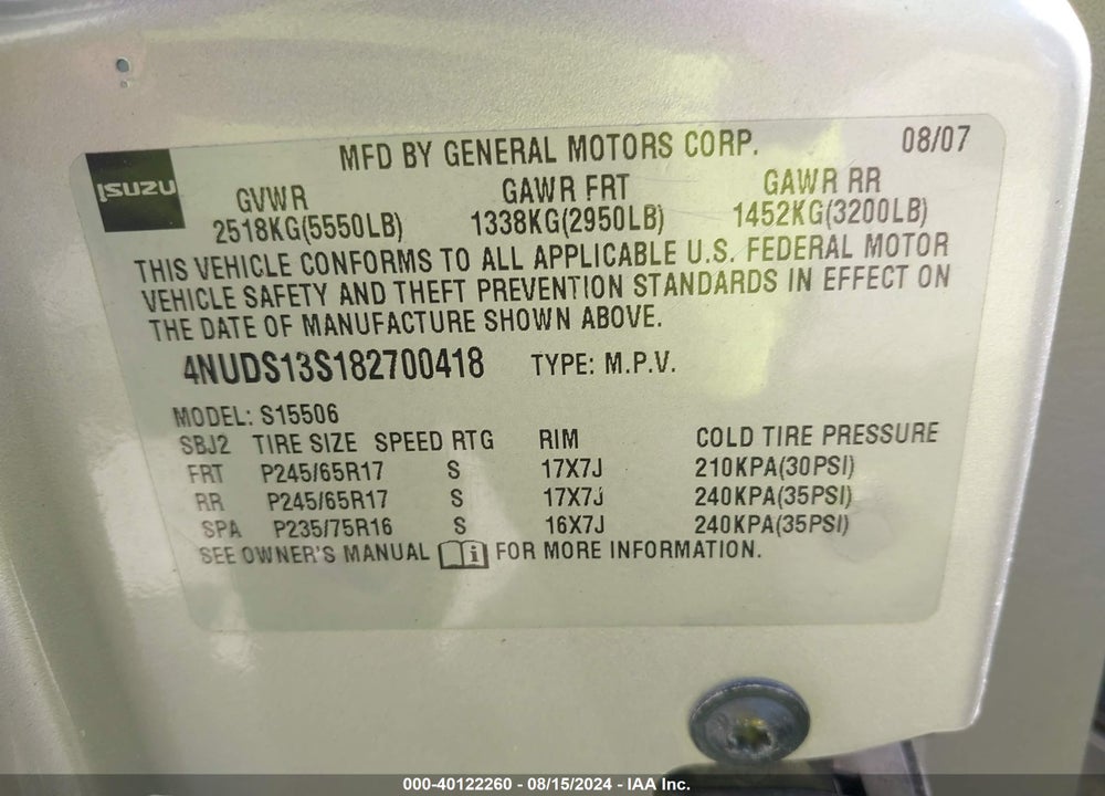 2008 ISUZU ASCENDER S VIN: 4NUDS13S182700418