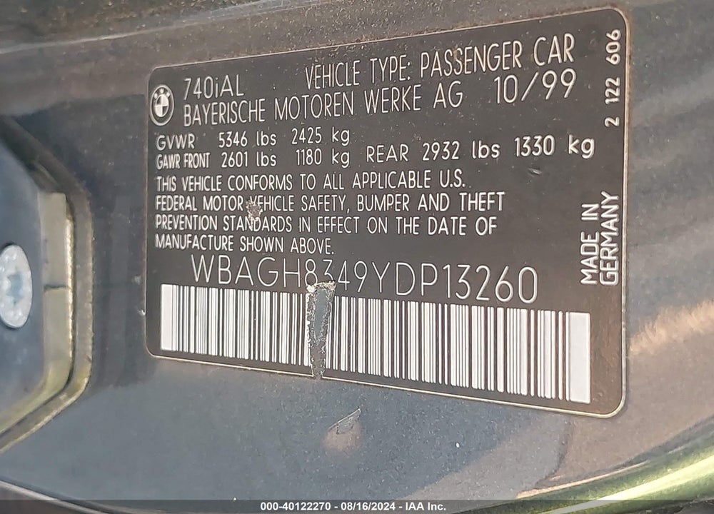 2000 BMW 740IL VIN: WBAGH8349YDP13260