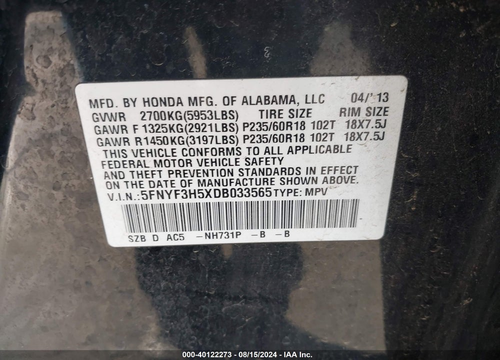 2013 HONDA PILOT EX-L VIN: 5FNYF3H5XDB033565