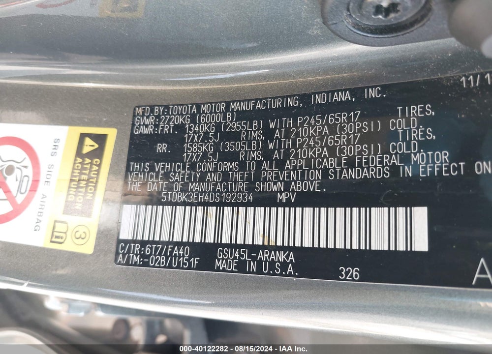 2013 TOYOTA HIGHLANDER BASE PLUS V6 VIN: 5TDBK3EH4DS192934