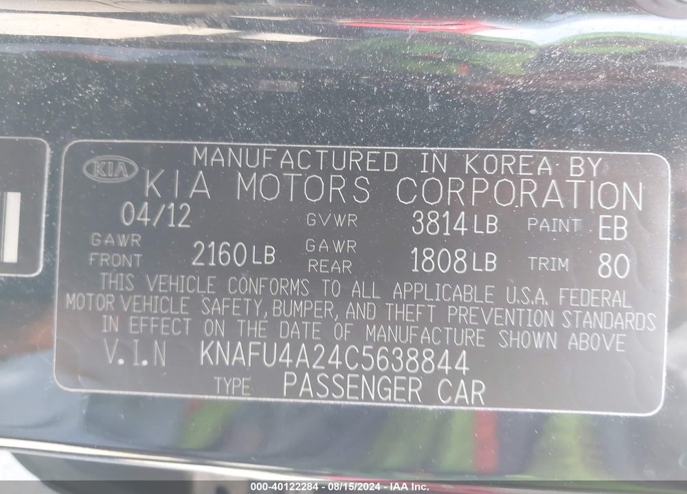 2012 KIA FORTE EX VIN: KNAFU4A24C5638844