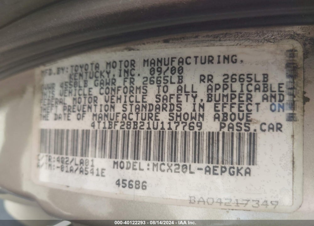 2001 TOYOTA AVALON XLS VIN: 4T1BF28B21U117769