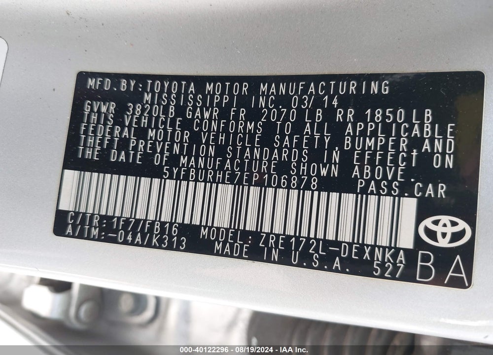 2014 TOYOTA COROLLA VIN: 5YFBURHE7EP106878