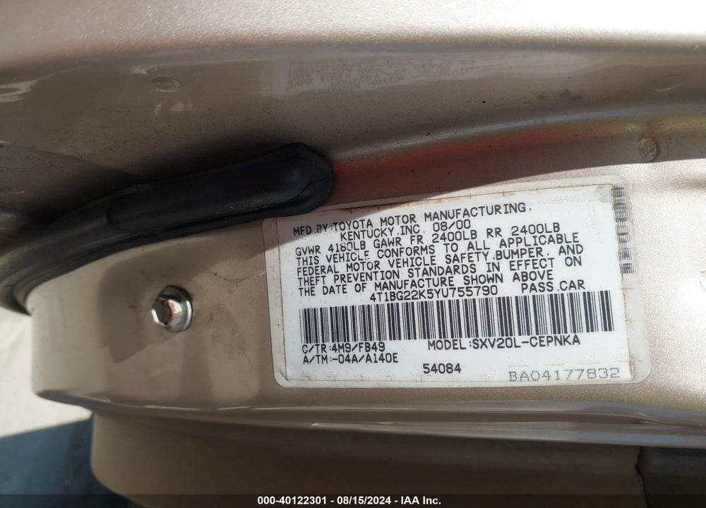 2000 TOYOTA CAMRY CE/LE/XLE VIN: 4T1BG22K5YU755790