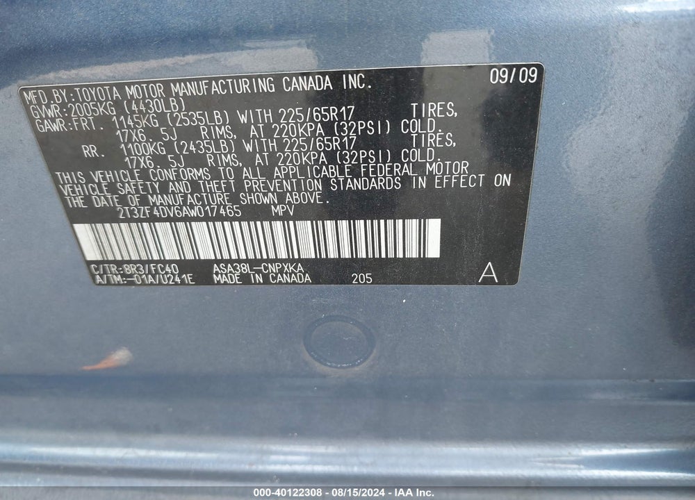 2010 TOYOTA RAV4 VIN: 2T3ZF4DV6AW017465