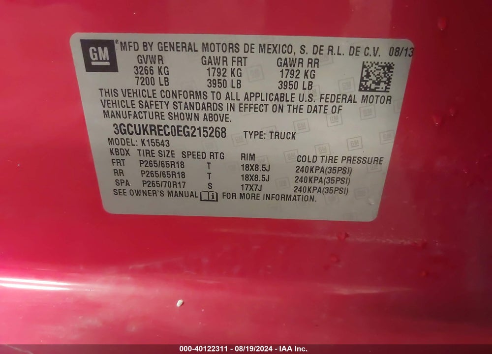 2014 CHEVROLET SILVERADO 1500 2LT VIN: 3GCUKREC0EG215268