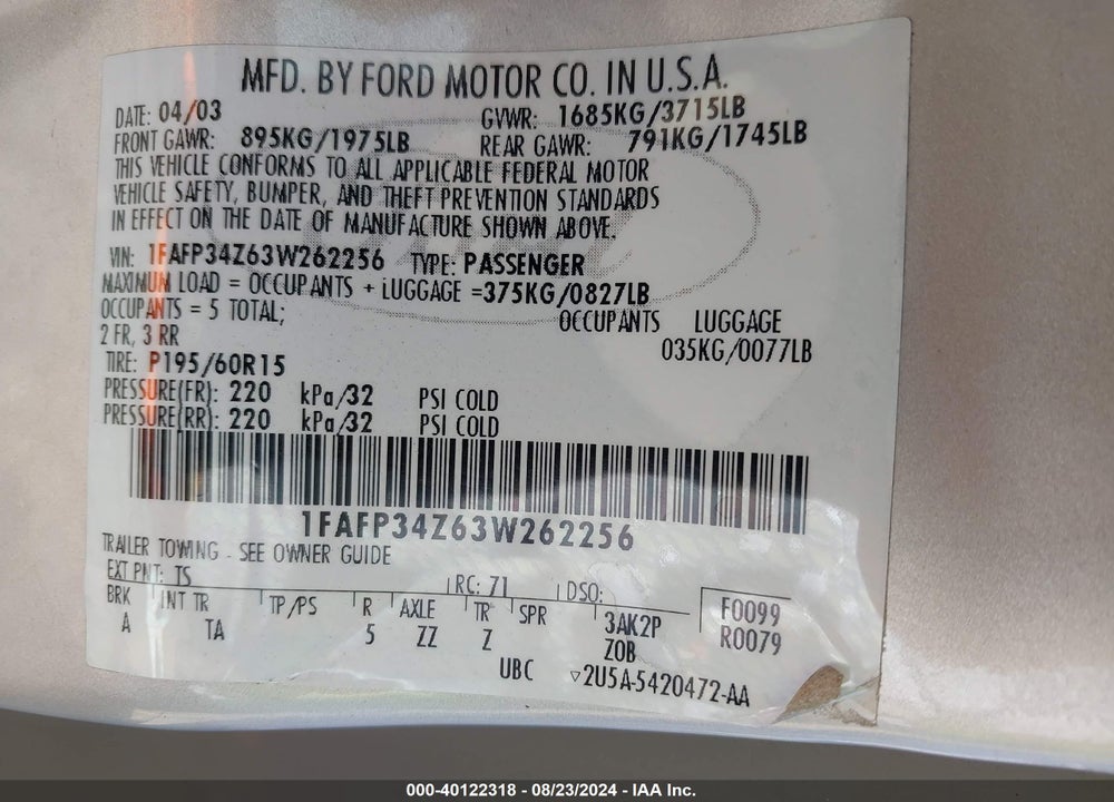2003 FORD FOCUS SE VIN: 1FAFP34Z63W262256