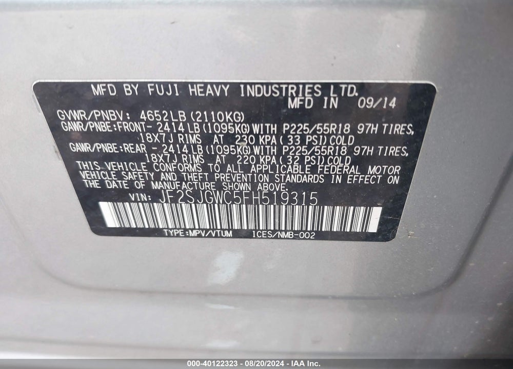 2015 SUBARU FORESTER 2.0XT TOURING VIN: JF2SJGWC5FH519315