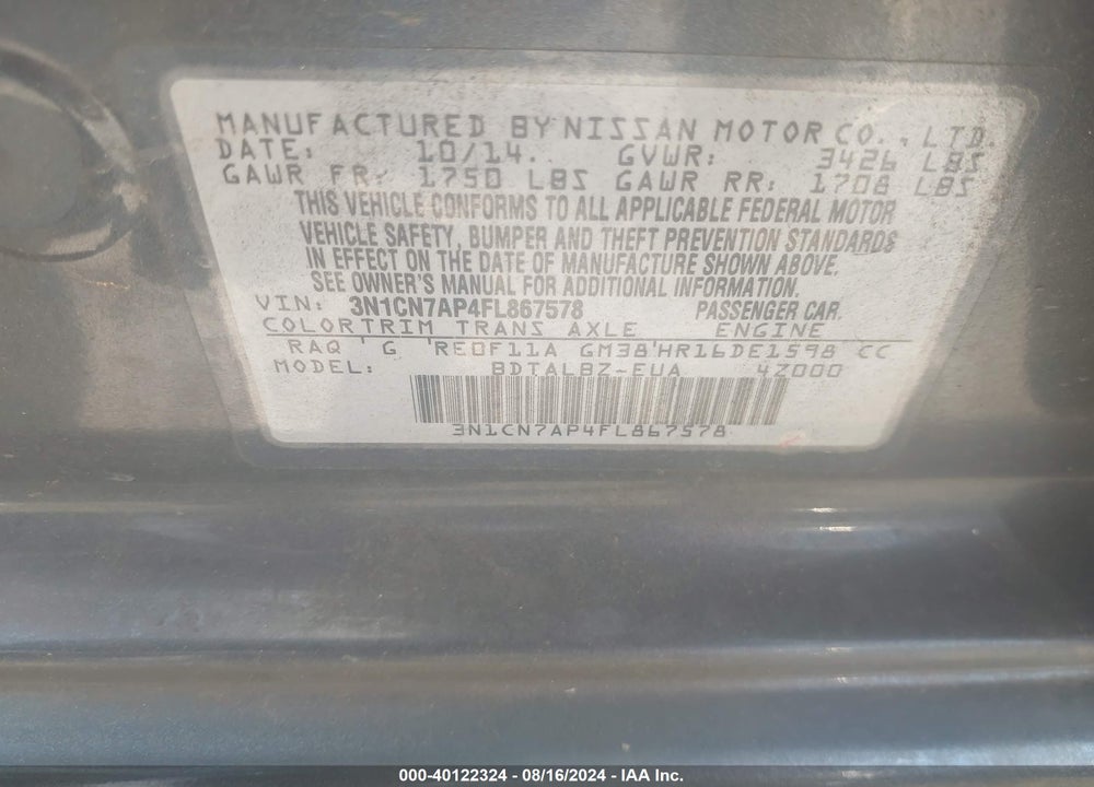 2015 NISSAN VERSA 1.6 SV VIN: 3N1CN7AP4FL867578