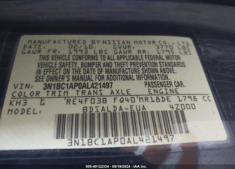 2010 NISSAN VERSA 1.8S VIN: 3N1BC1AP0AL421497