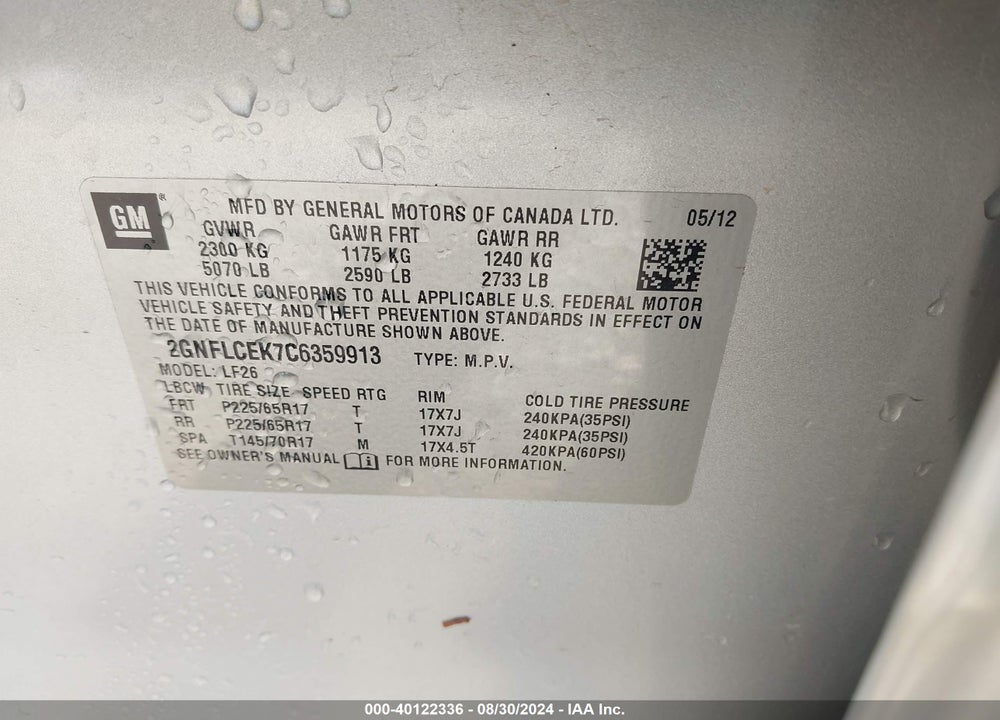 2012 CHEVROLET EQUINOX LS VIN: 2GNFLCEK7C6359913
