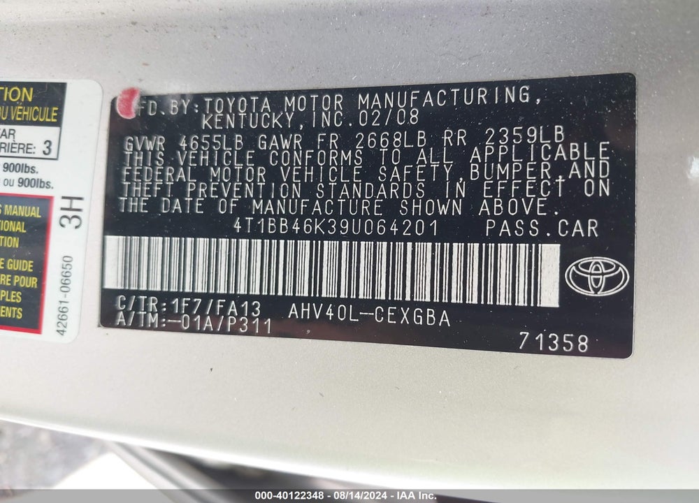 2009 TOYOTA CAMRY HYBRID VIN: 4T1BB46K39U064201