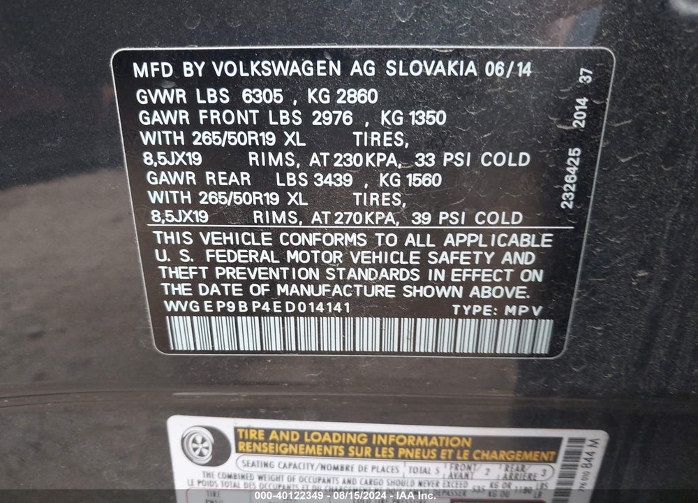 2014 VOLKSWAGEN TOUAREG TDI LUX VIN: WVGEP9BP4ED014141