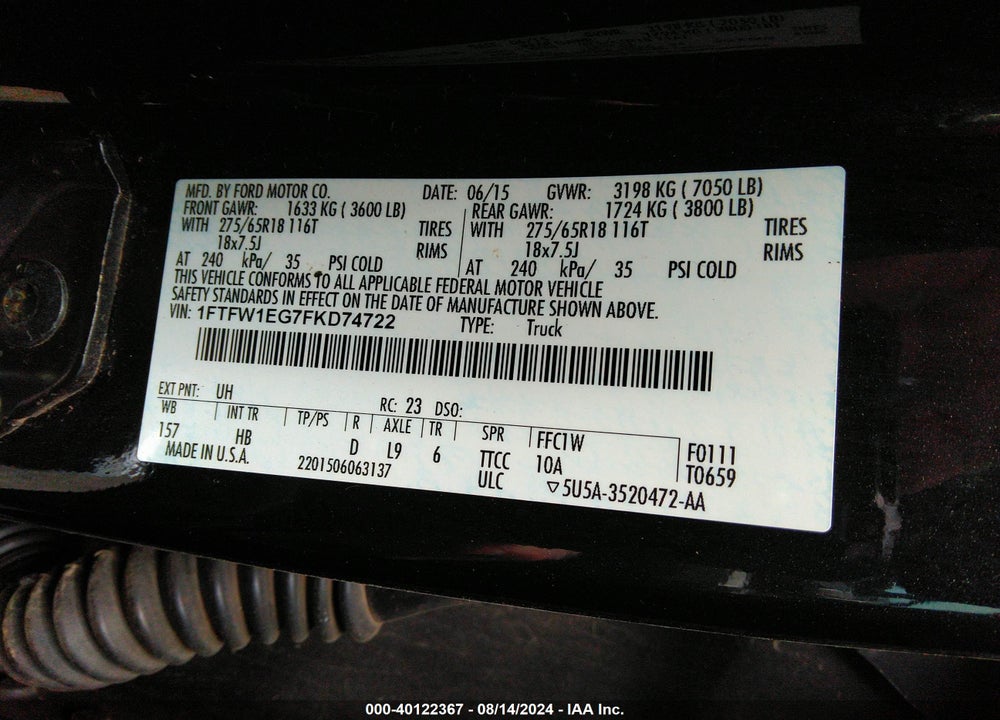 2015 FORD F-150 LARIAT VIN: 1FTFW1EG7FKD74722