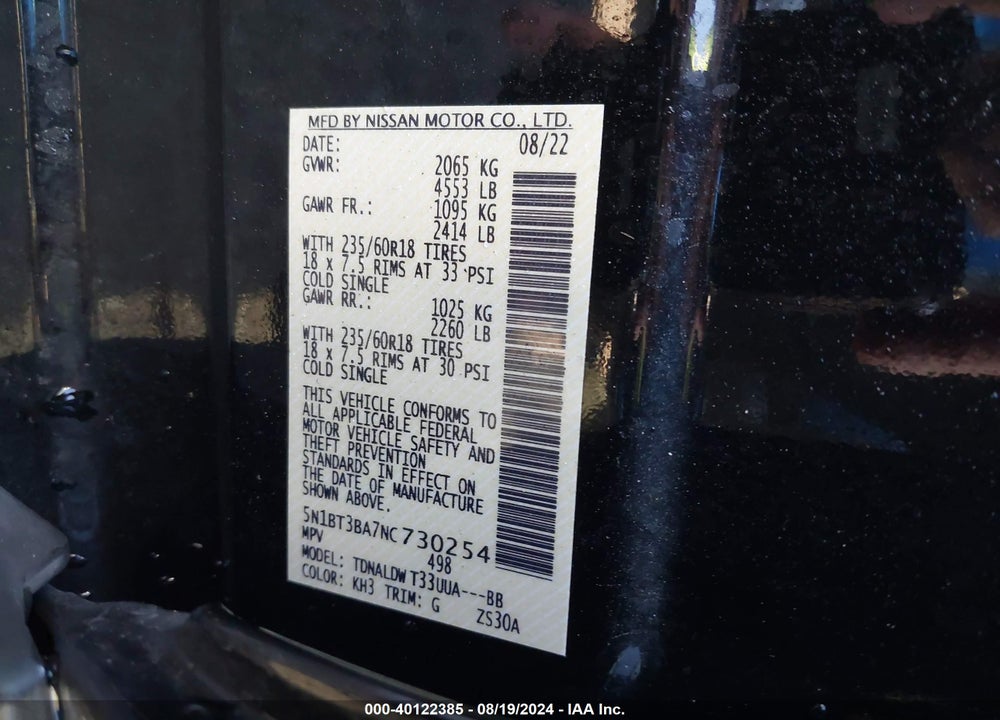 2022 NISSAN ROGUE SV FWD VIN: 5N1BT3BA7NC730254