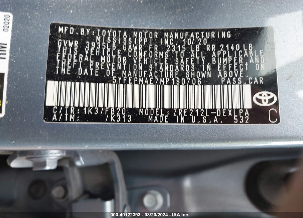 2021 TOYOTA COROLLA VIN: 5YFEPMAE7MP180706