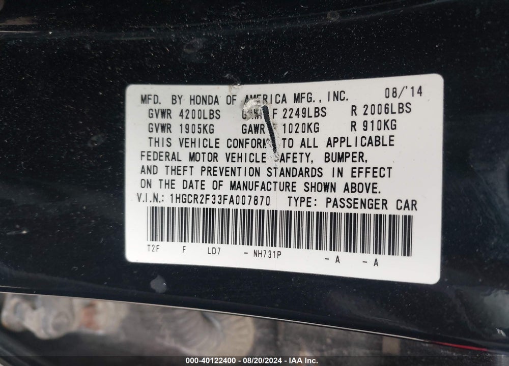 2015 HONDA ACCORD LX VIN: 1HGCR2F33FA007870
