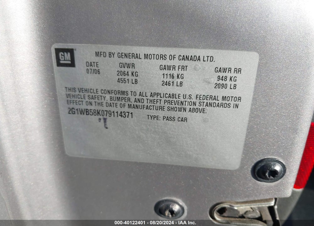 2007 CHEVROLET IMPALA LS VIN: 2G1WB58K079114371