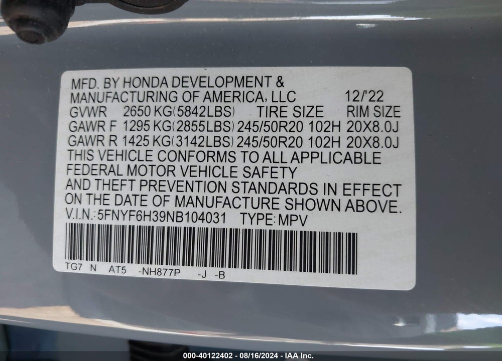 2022 HONDA PILOT VIN: 5FNYF6H39NB104031