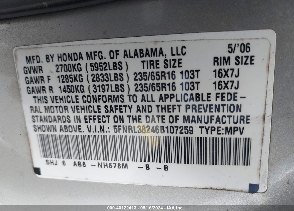 2006 HONDA ODYSSEY LX VIN: 5FNRL38246B107259