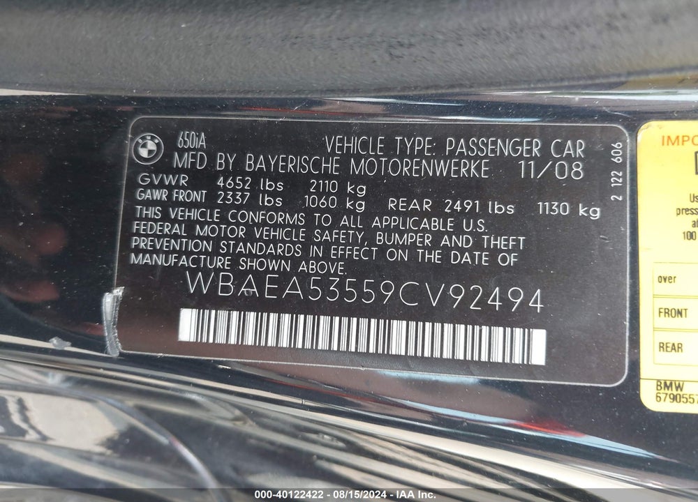 2009 BMW 650I VIN: WBAEA53559CV92494