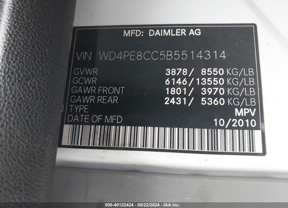 2011 MERCEDES-BENZ SPRINTER 2500 HIGH ROOF VIN: WD4PE8CC5B5514314