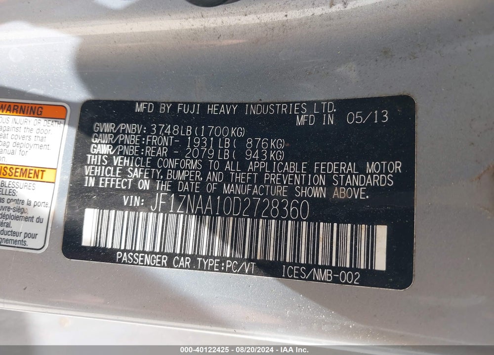 2013 SCION FR-S 10 SERIES VIN: JF1ZNAA10D2728360