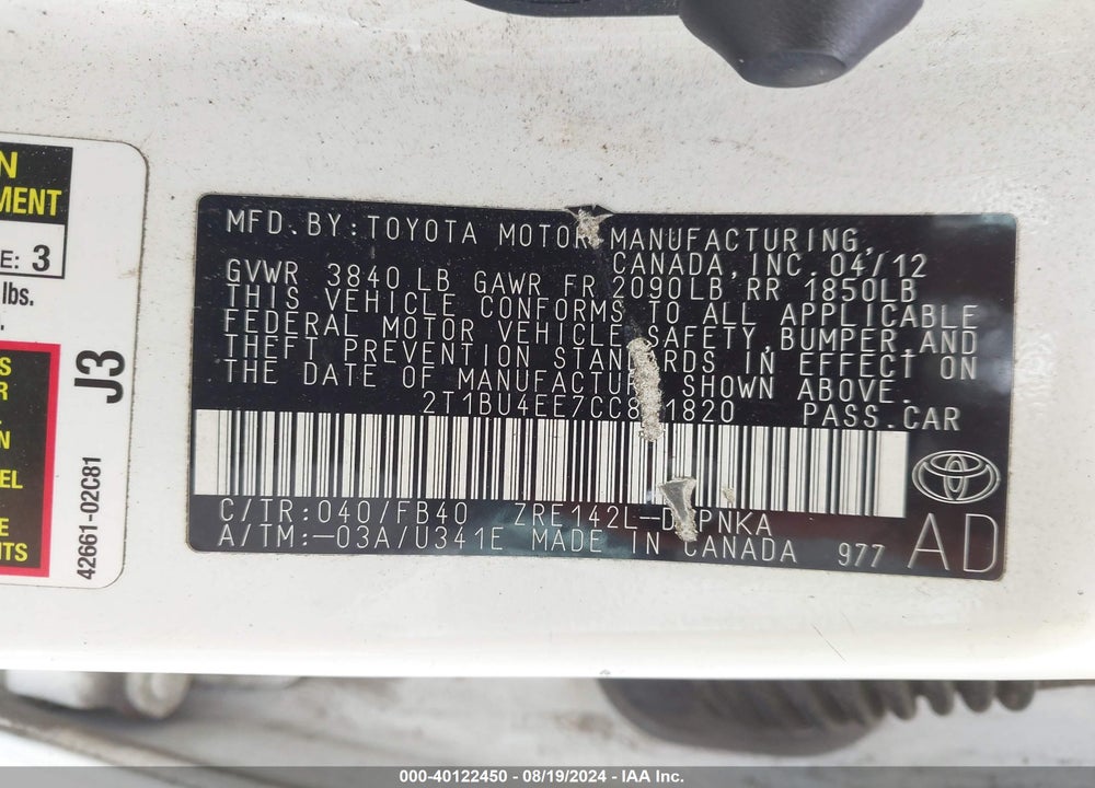 2012 TOYOTA COROLLA LE VIN: 2T1BU4EE7CC841820