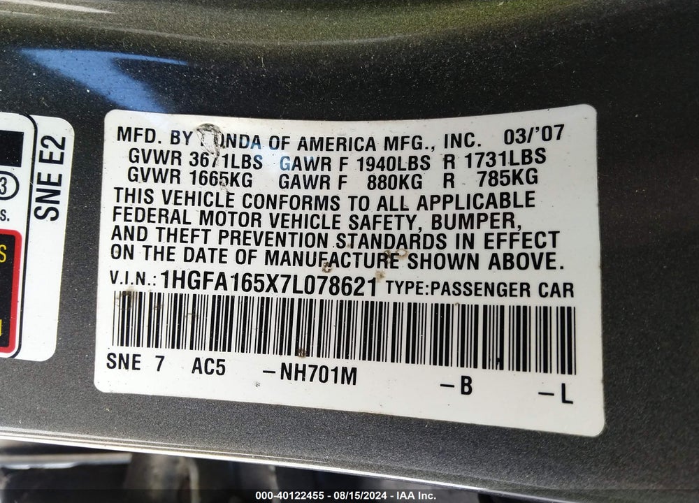 2007 HONDA CIVIC VIN: 1HGFA165X7L078621