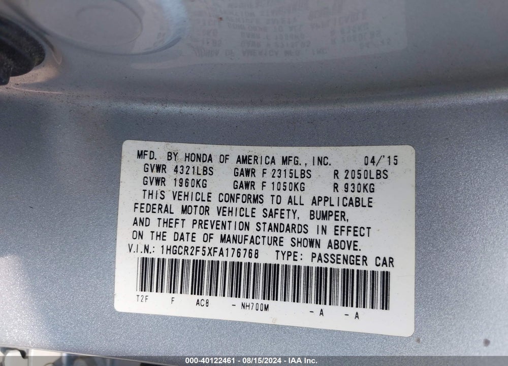 2015 HONDA ACCORD VIN: 1HGCR2F5XFA176768