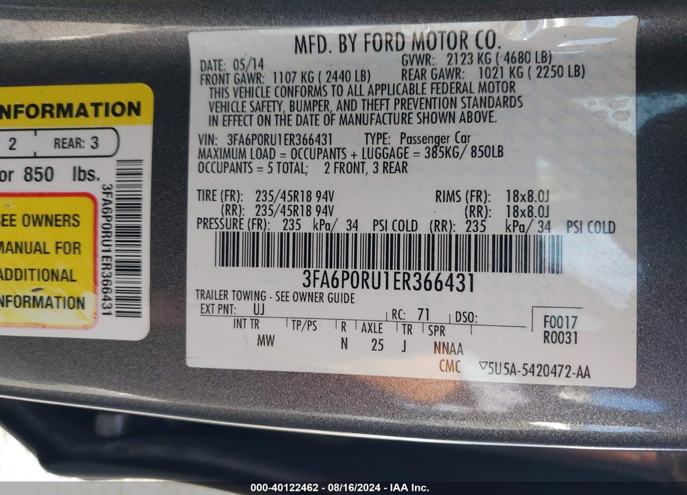 2014 FORD FUSION HYBRID TITANIUM VIN: 3FA6P0RU1ER366431