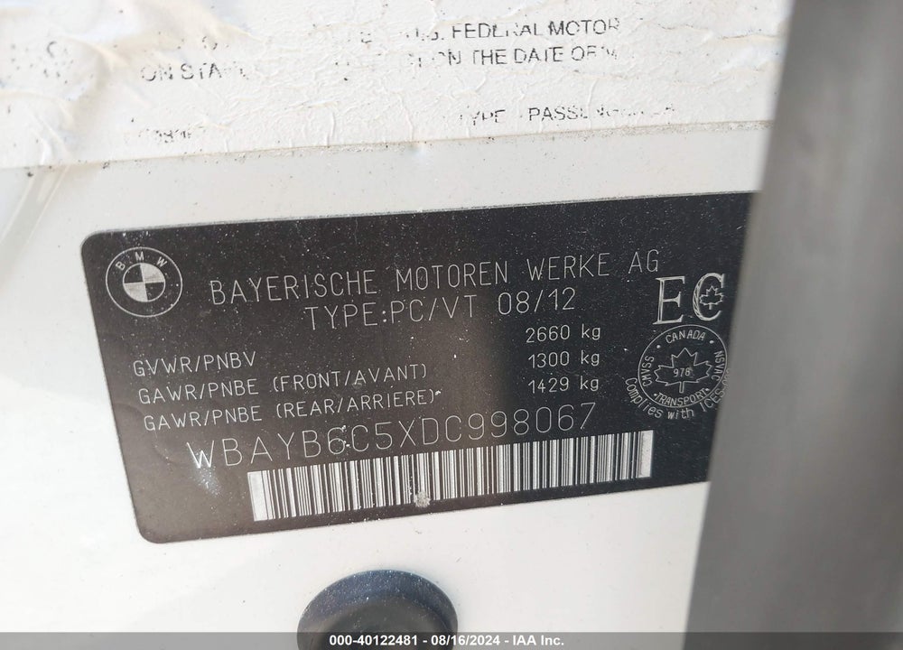 2013 BMW 750I XDRIVE VIN: WBAYB6C5XDC998067