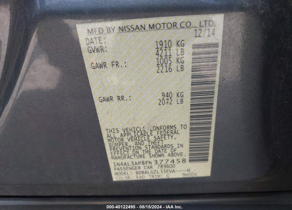 2015 NISSAN ALTIMA 2.5 S VIN: 1N4AL3AP8FN377458
