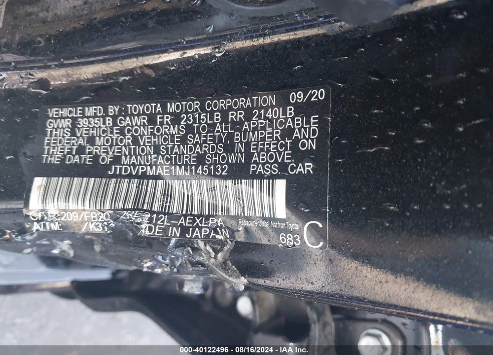 2021 TOYOTA COROLLA LE VIN: JTDVPMAE1MJ145132