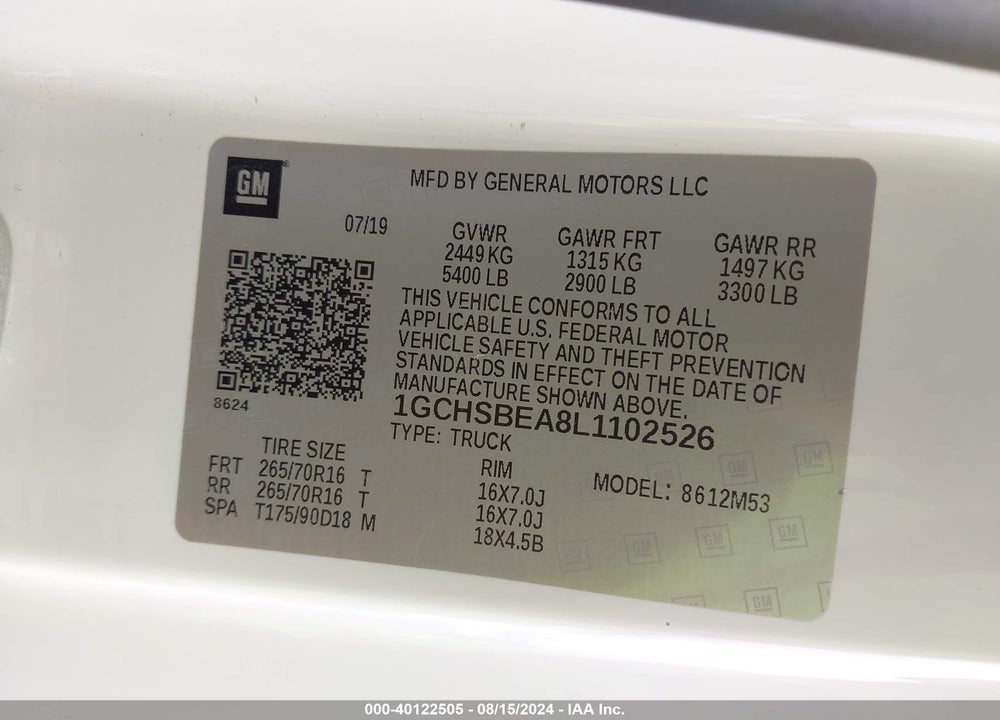 2020 CHEVROLET COLORADO 2WD LONG BOX WT VIN: 1GCHSBEA8L1102526