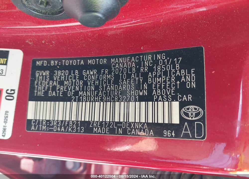 2017 TOYOTA COROLLA LE VIN: 2T1BURHE9HC832701