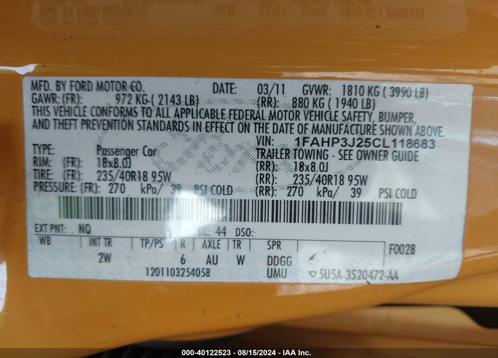 2012 FORD FOCUS VIN: 1FAHP3J25CL118683