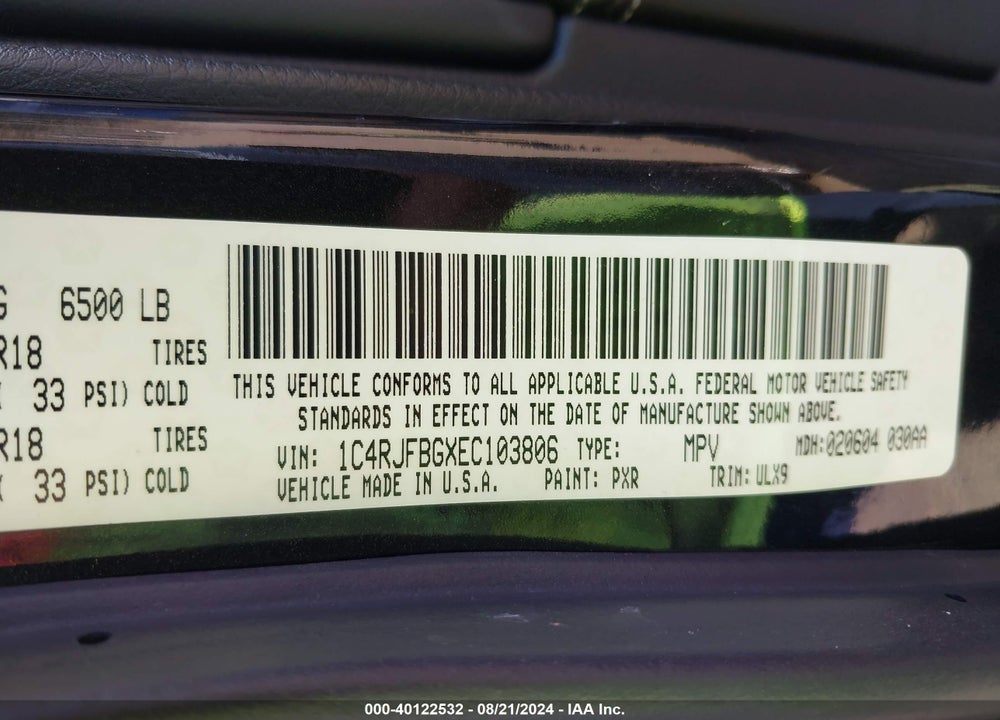 2014 JEEP GRAND CHEROKEE LIMITED VIN: 1C4RJFBGXEC103806