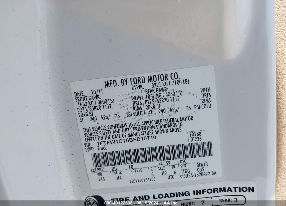 2011 FORD F-150 LARIAT VIN: 1FTFW1CT6BFD10710