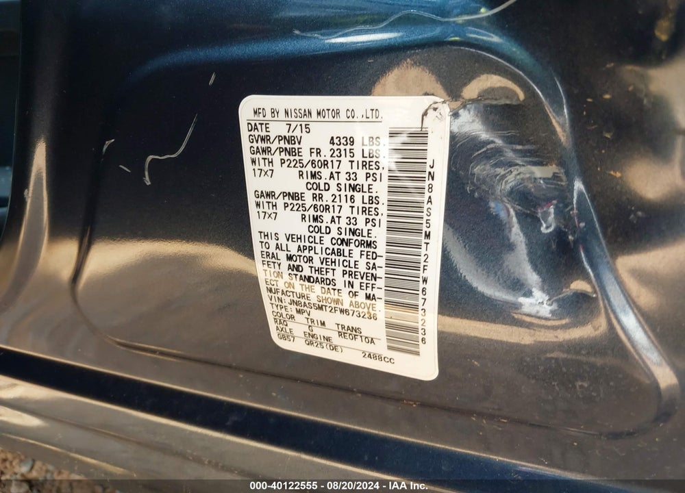 2015 NISSAN ROGUE VIN: JN8AS5MT2FW673236